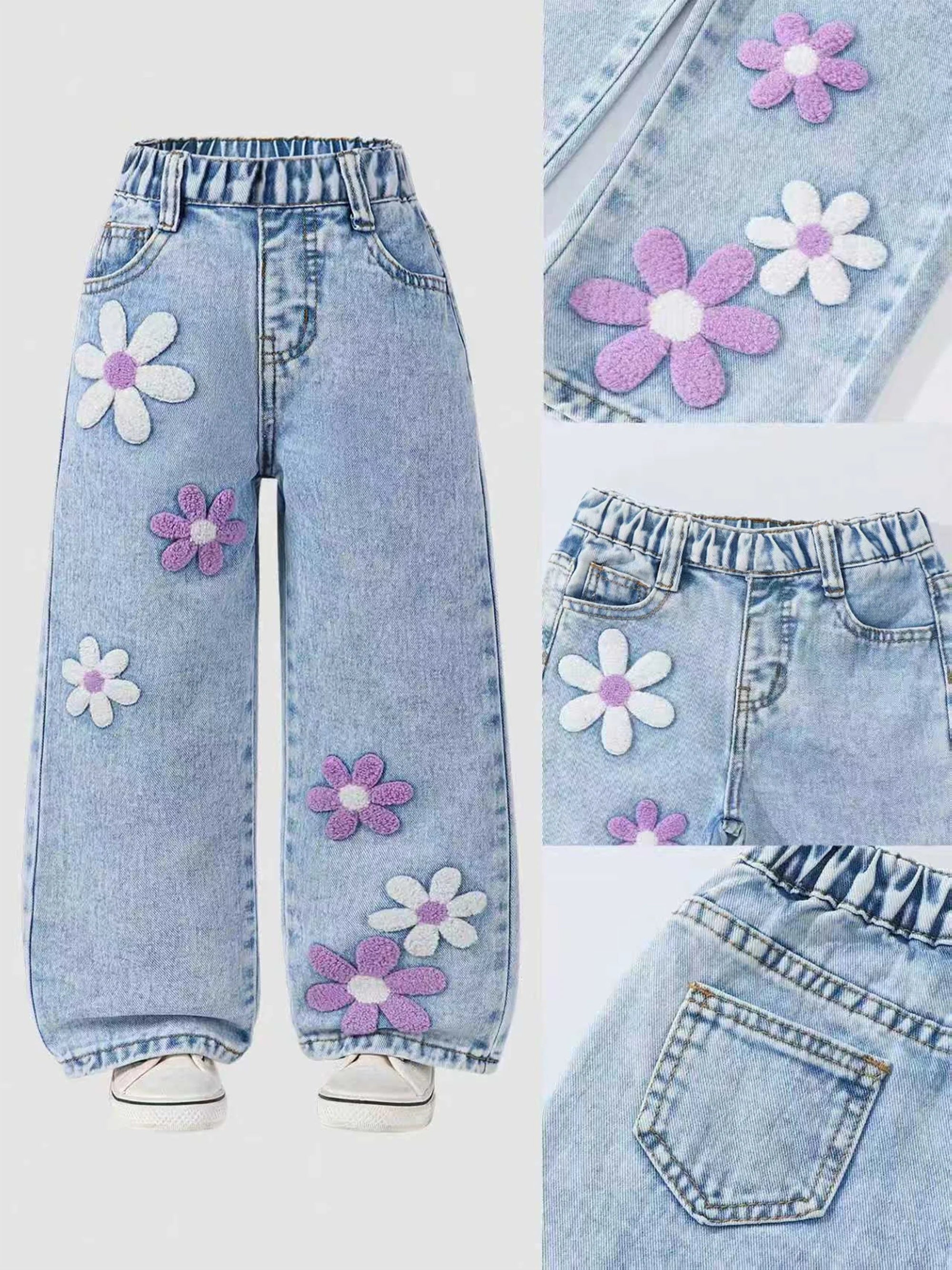 Girls' Floral-Printed Towel-Stitch Denim Jeans Trendy Loose Waist Design Versatile Casual Pants for Kids.Full elastic waistband