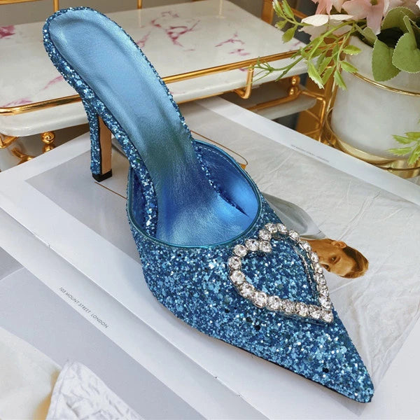 2023 New Shallow Mouth High-heeled Women's Shoes Love Rhinestone Shining Thin Heel Slippers Pointed Women's Single Shoes