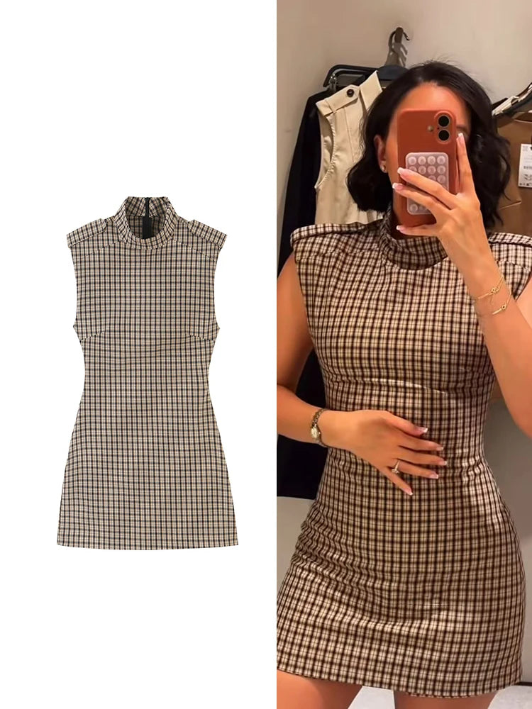 TFMLN Fashion Women Plaid Print Short Playsuits Vintage Stand Collar Elegant Sleeveless Back Zipper Slim Casual Rompers New