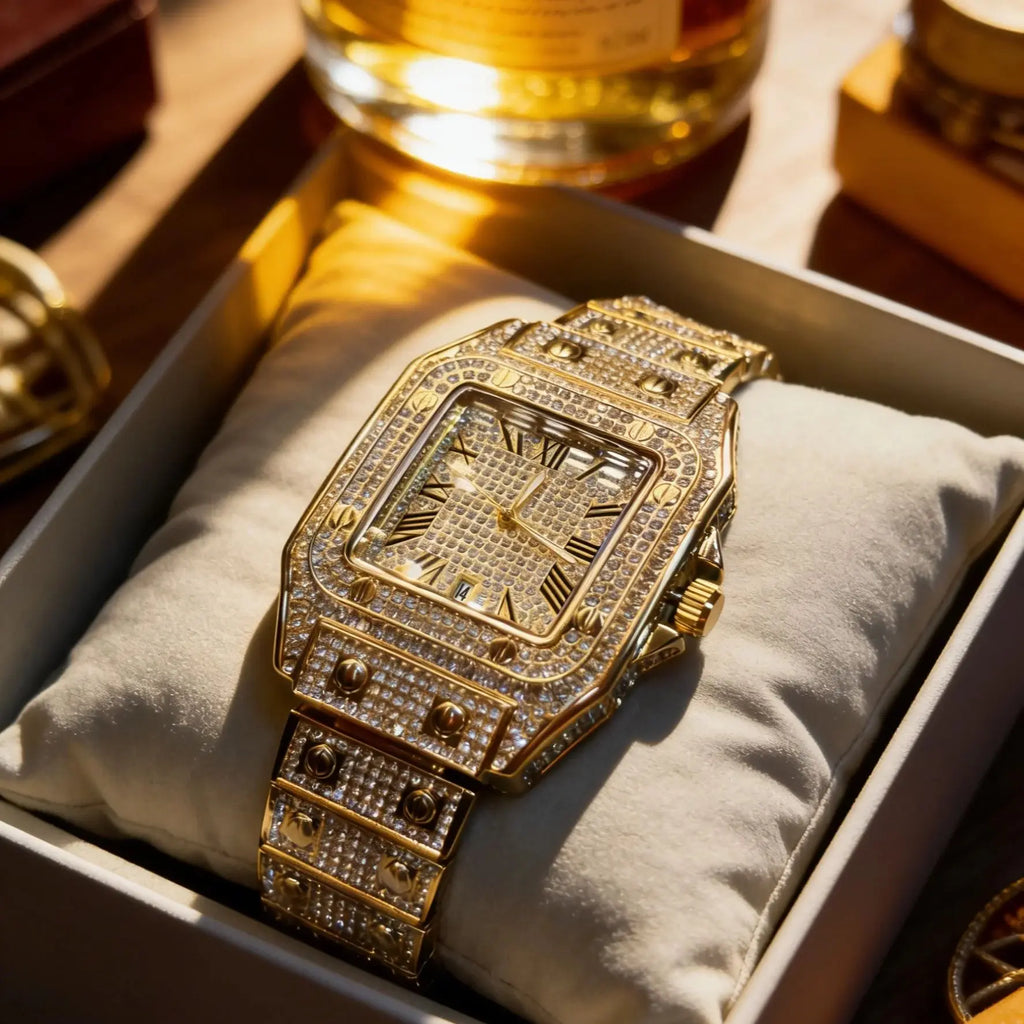 Luxurious Men's Quartz Watch, Fully Diamond-Encrusted with a Square Roman Numeral Dial, Featuring Date Display, Waterproof Design, Hip-Hop Style, Shiny Watch Suitable for Both Formal and Casual Occasions