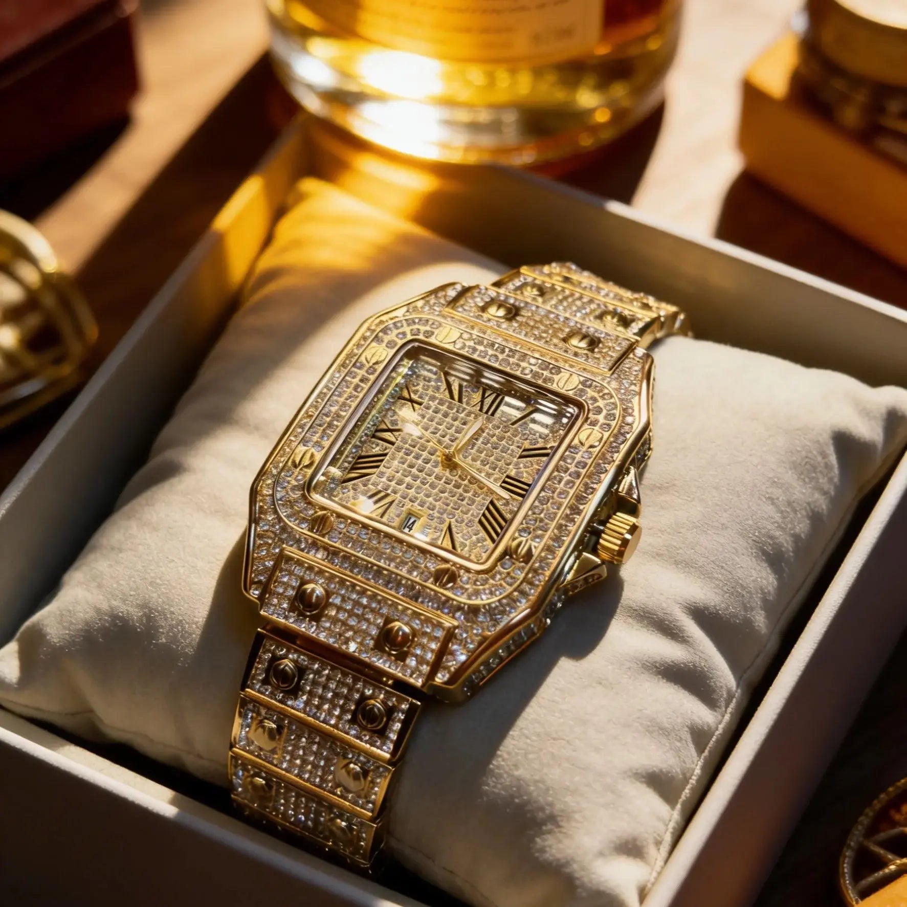 Luxurious Men's Quartz Watch, Fully Diamond-Encrusted with a Square Roman Numeral Dial, Featuring Date Display, Waterproof Design, Hip-Hop Style, Shiny Watch Suitable for Both Formal and Casual Occasions