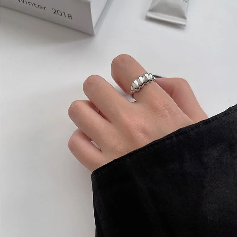925 Silver Rings for Women Thick Wave Wide Solid Double-layer Punk Trendy Couple Female Party Birthday Gift