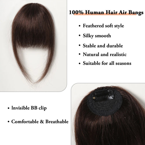 100% Human Hair Bangs Natural Brown Wispy Bang Hair Clip in Bangs Fringe with Temples Hairpiece for Women Clip on Air Bang 4.5in