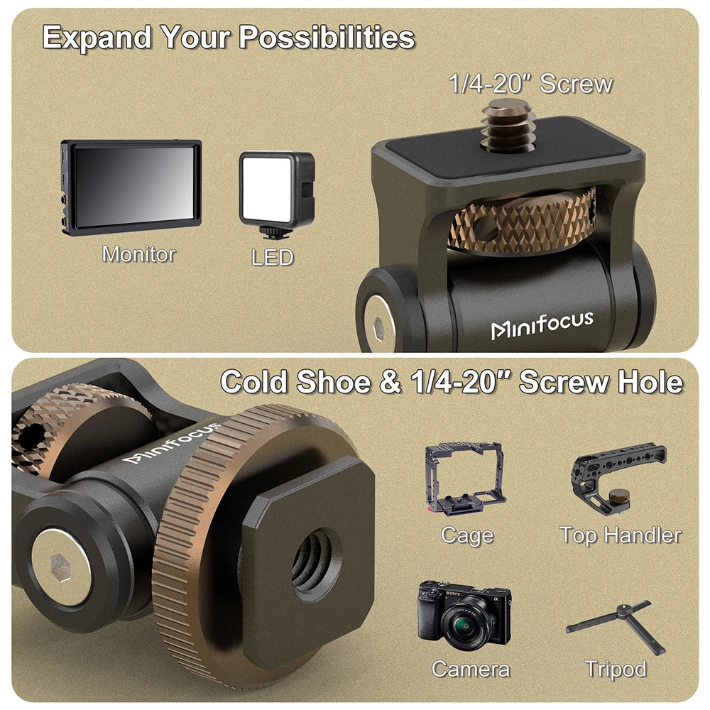 Minifocus Monitor Holder Cold Shoe Mount for Camera Field Monitors Microphone Hot Shoe 180 Degree Tilt Adjustable Mount Bracket
