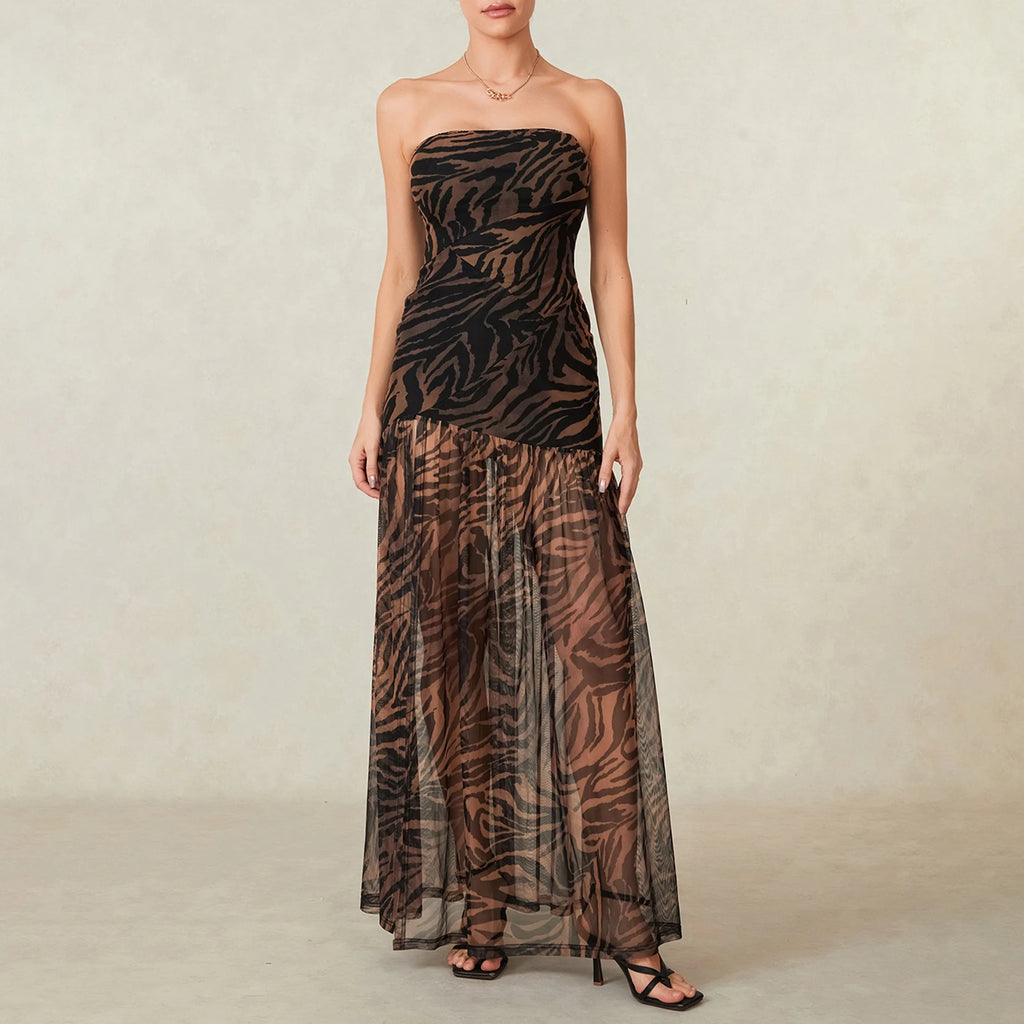 Women Tube Top Dress Slim Strapless Backless Mesh Patchwork Tropical Print High Slit Long Dress for Party Club Night