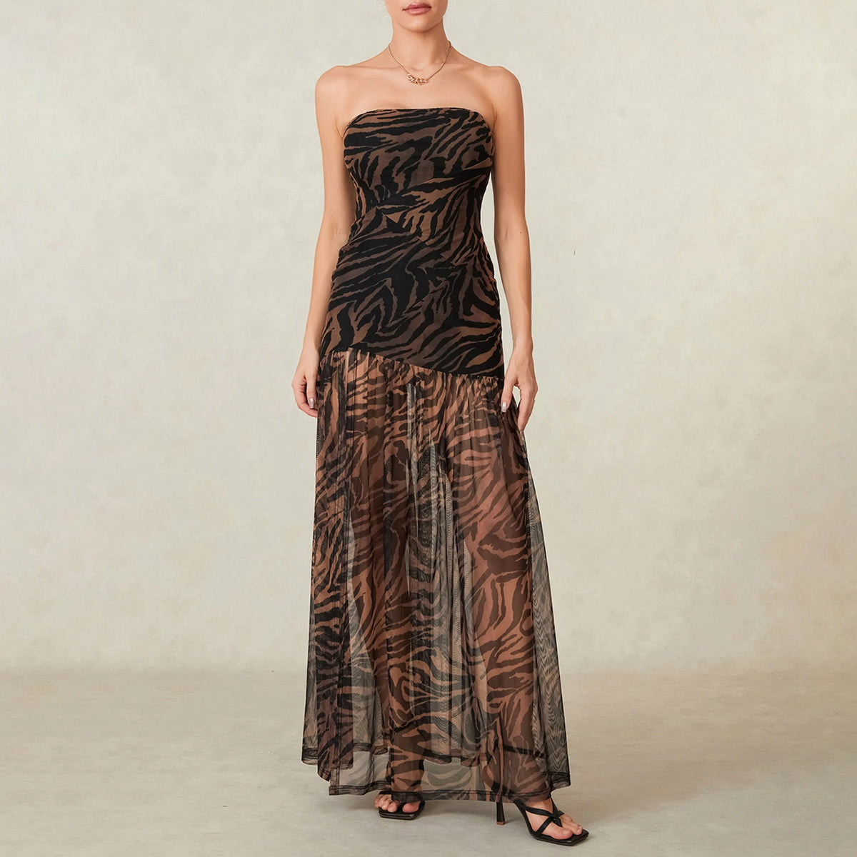 Women Tube Top Dress Slim Strapless Backless Mesh Patchwork Tropical Print High Slit Long Dress for Party Club Night