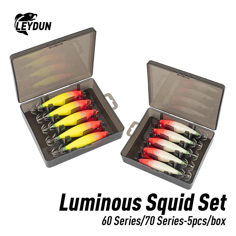 LEYDUN Luminous Horizontal Squid Jig Wood Shrimp Squid Hook 5pcs Fishing Lures LEYDUN Octopus Cuttlefish Shrimp Saltwater Baits