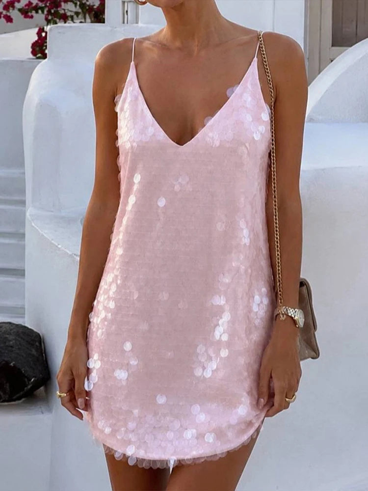 Sexy Sequined Women's Dress Sleeveless V-Neck Sling Loose Lady Mini Dresses 2026 Summer Autumn Chic Female Vacation Robe