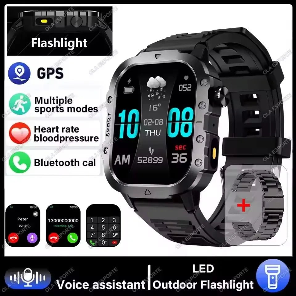 2026 New Military Outdoor Smart Watch Men's GPS Flashlight Bluetooth Call 2.01" AMOLED Screen 3ATM Waterproof Sports Smartwatch
