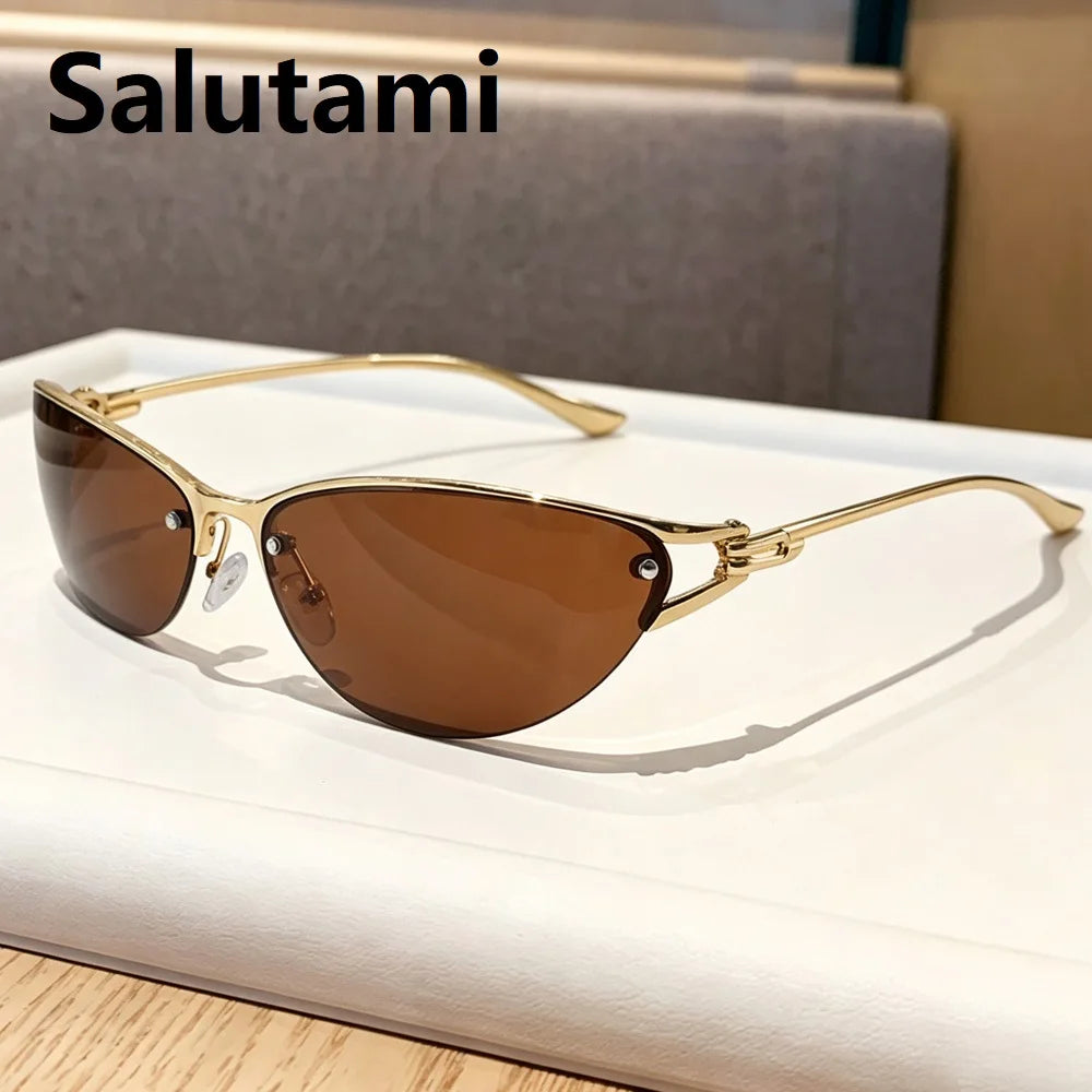 New Silver Y2K Metal Cat Eye Sunglasses Women Fashion Half Frame Clear Gradient Shades UV400 Men Trending Sun Glasses Uv400