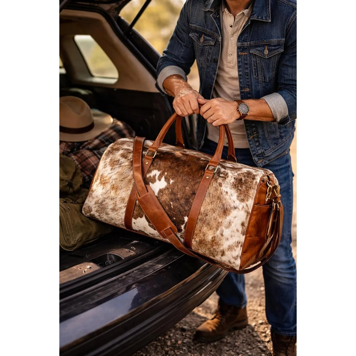 Western Cowhide Hair-On Genuine Leather Weekender Duffel Travel Bag
