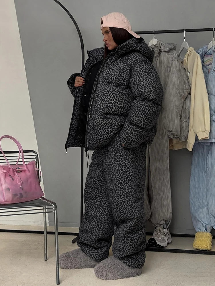 Women Leopard Print 2‑Piece Outfit Hooded Puffer Coat Wide Leg Pants Set Loose Warm Winter Street  Ladies Matching Outfit Suit
