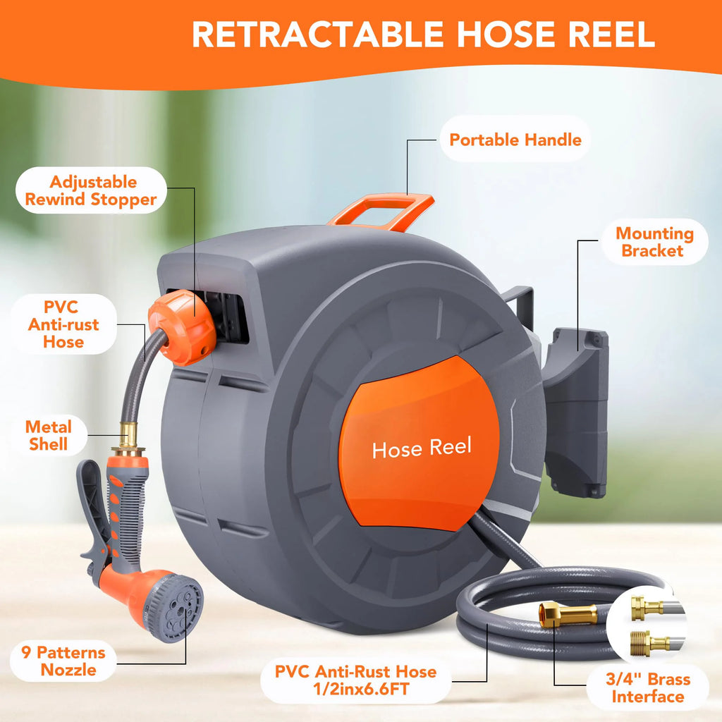 Wall Mounted Retractable Garden Hose Reel, 1/2 in X 72/100 ft, Auto Slow Rewind, 180° Swivel, 9-Function Nozzle, Any Length Lock