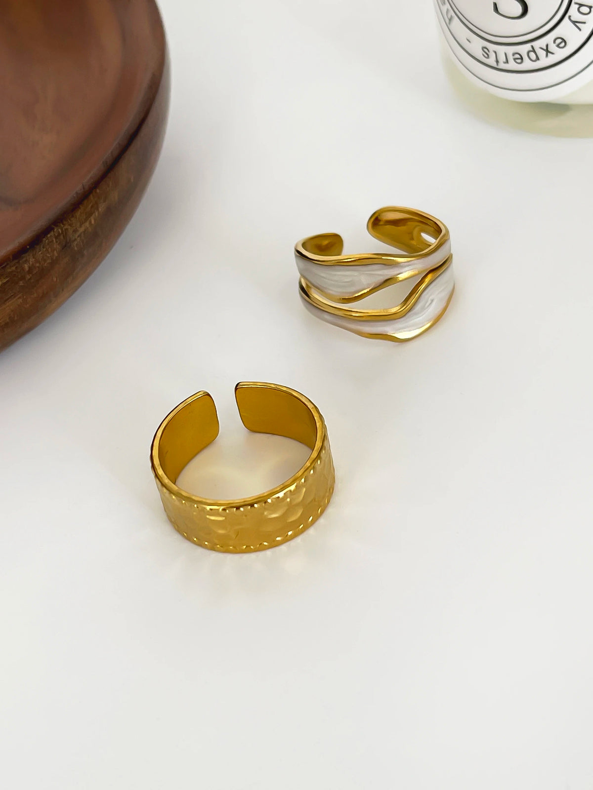 Peri'sbox Trendy Retro Double Enamel White Opening Rings for Women Stainless Steel Gold Plated Hammered Ring Adjustable Jewelry