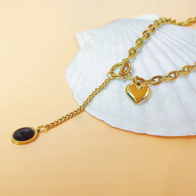 ZAKOL 316L Stainless Steel Heart Black Stone Pendant Necklace For Women Girls OT-Buckle Chain Versatile Jewelry Gifts
