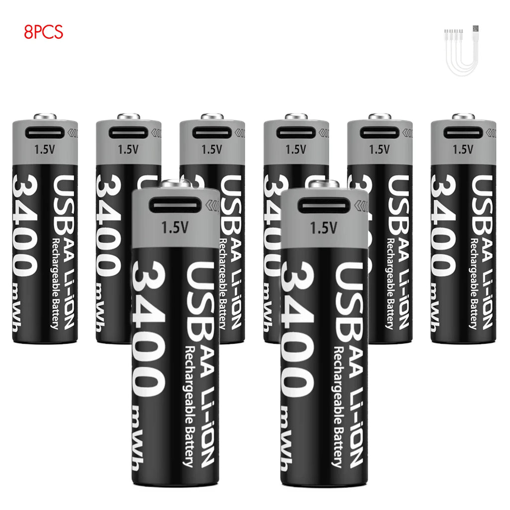 Kuugro High Capacity 1.5V 3400mWh AA Rechargeable Battery USB Type-C AA Li-ion Battery for Remote Control Smart Door Lock Toy