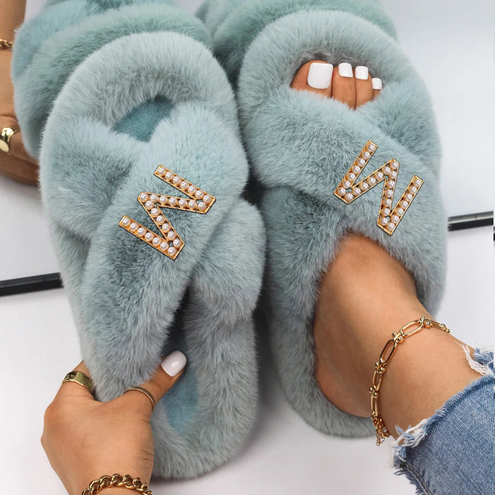 Women Furry Fur Slippers Soft Faux Fur Slides Ladies Plush House Slippers Cross Strap Open Toe Flat Sandals Fluffy Warm Shoes