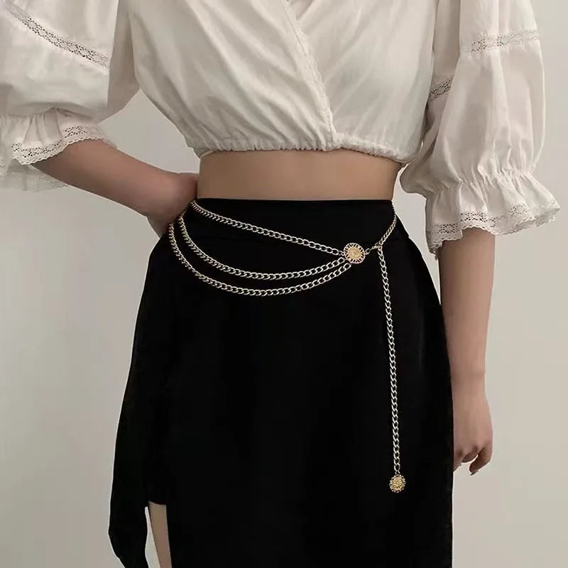 Boho Sexy Women Fashion Belt Hip High Waist Gold Silver Color Narrow Metal Body Chain Chunky Fringes New