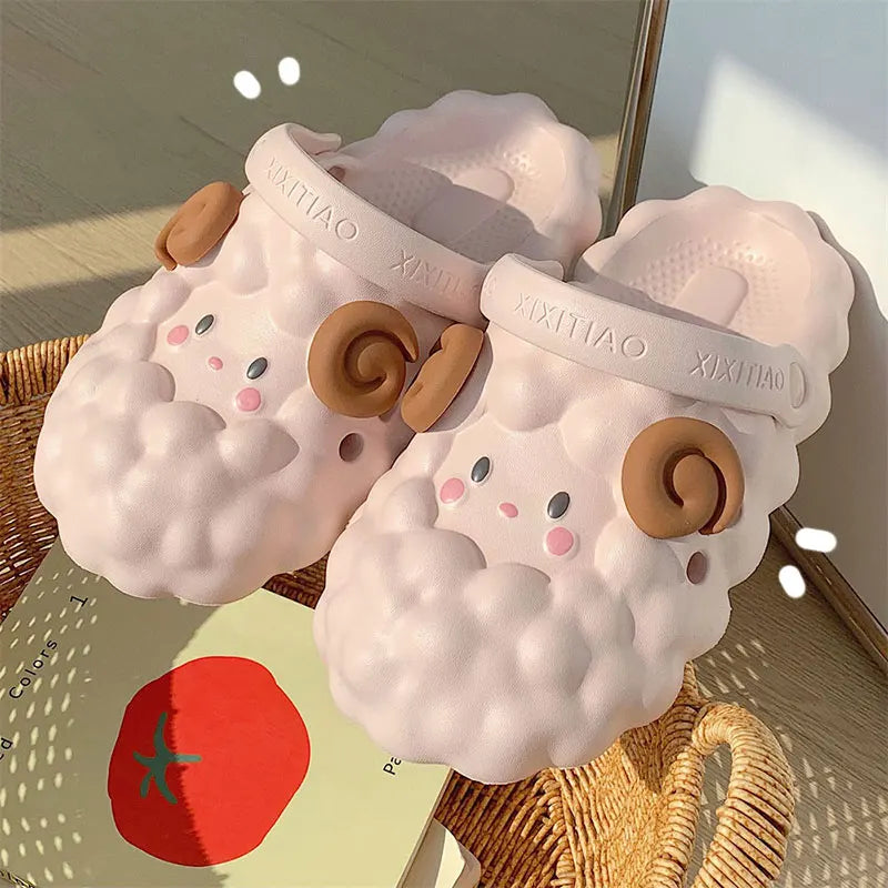 Mo Dou Women's Home Slippers Soft EVA Sandals Non-slip Toe-wrapped Lovely Cartoon Sheep for Men Cozy Parent-child Breathable