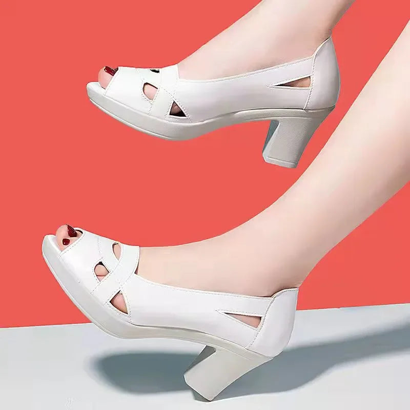 Cresfimix Women Classic High Quality White Pu Leather Peep Toe Square Heel Shoes Lady Cool Black Office Summer Heels A9841