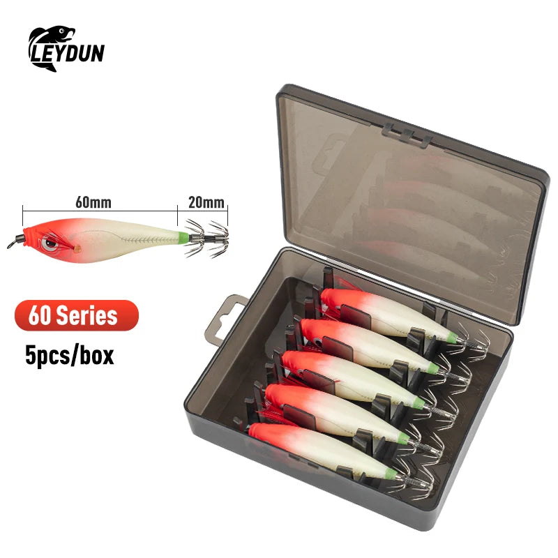 LEYDUN Luminous Horizontal Squid Jig Wood Shrimp Squid Hook 5pcs Fishing Lures LEYDUN Octopus Cuttlefish Shrimp Saltwater Baits