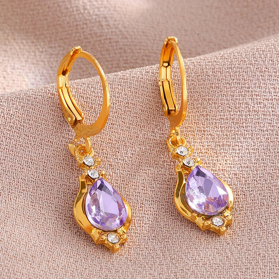ZAKOL Vintage Shiny Purple Crystal Stone Drop Hoop Earrings For Women Water Dorp Boho Long Dangle Earrings Jewelry Gift