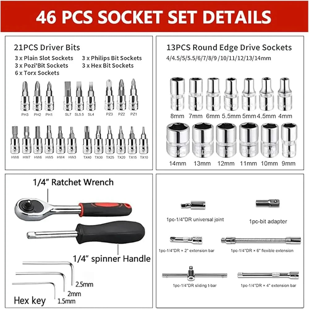 Motorcycle Toolbox Set Fast Ratchet Wrench 46PCS Socket Group Bit Industrial-grade Toolbox Auto Repair Tools Car Maintenance