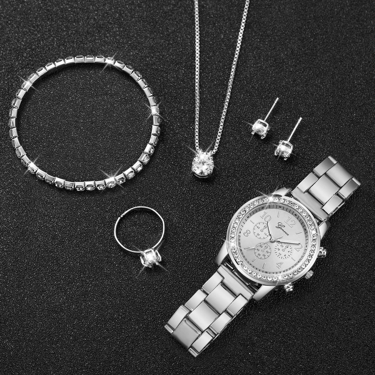 6PCS/Set Women's Watch Fashion Silver Steel Band Analog Quartz Watches Diamond Jewelry Set（Without Box）