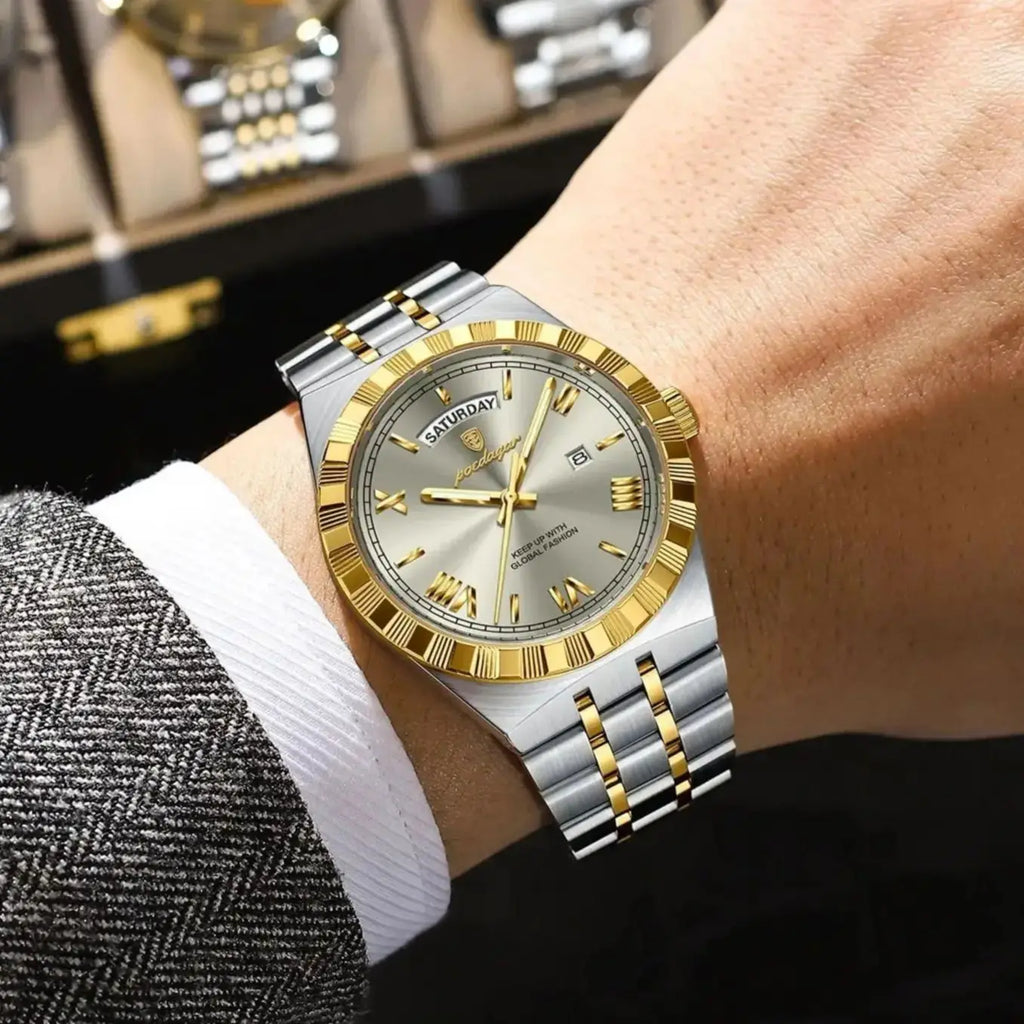 POEDAGAR Fashion Business Men's Watch Luminous Waterproof Week Date Luxury Man Wristwatch Stainless Steel Quartz Watches For Men