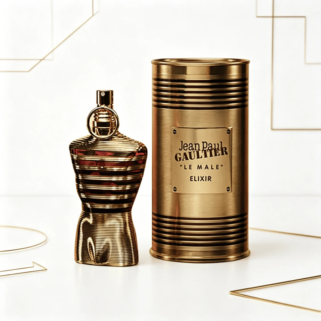 Jean Paul Gaultier Le Male Elixir EDP 75ML Perfume For Men Warm Vanilla Cardamom Woody Aroma Long Lasting Shiny Gold Metallic Striped Body Bottle With Gold Ring Cap Complete Gold Tin Box Dating Anniversary Present