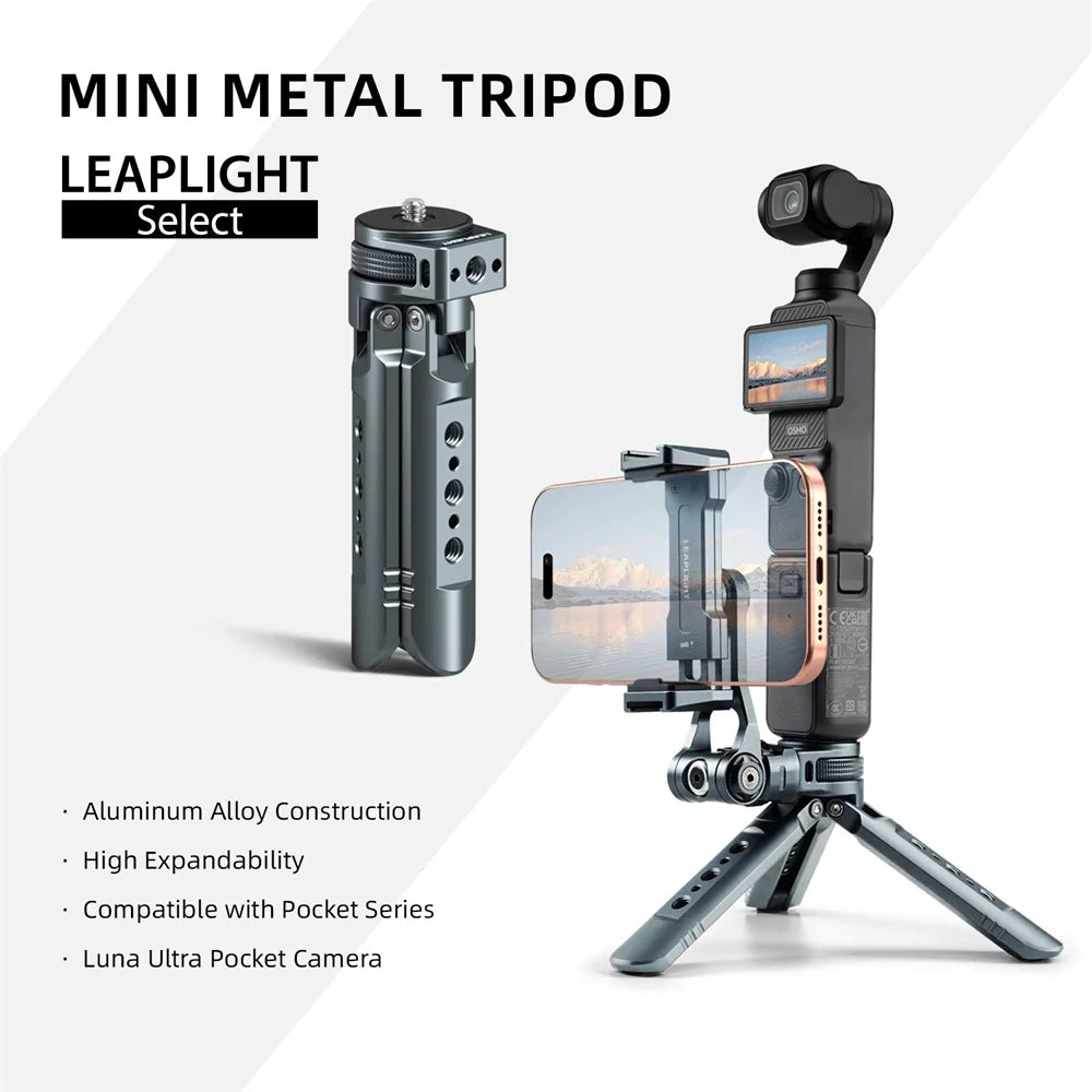 LEAPLIGHT Aluminum Mini Tripod for DJI Osmo Pocket 3/4/4P/360LunaUltra Camera Tripod Handheld Grip w 360° BallHead+Phone Stand