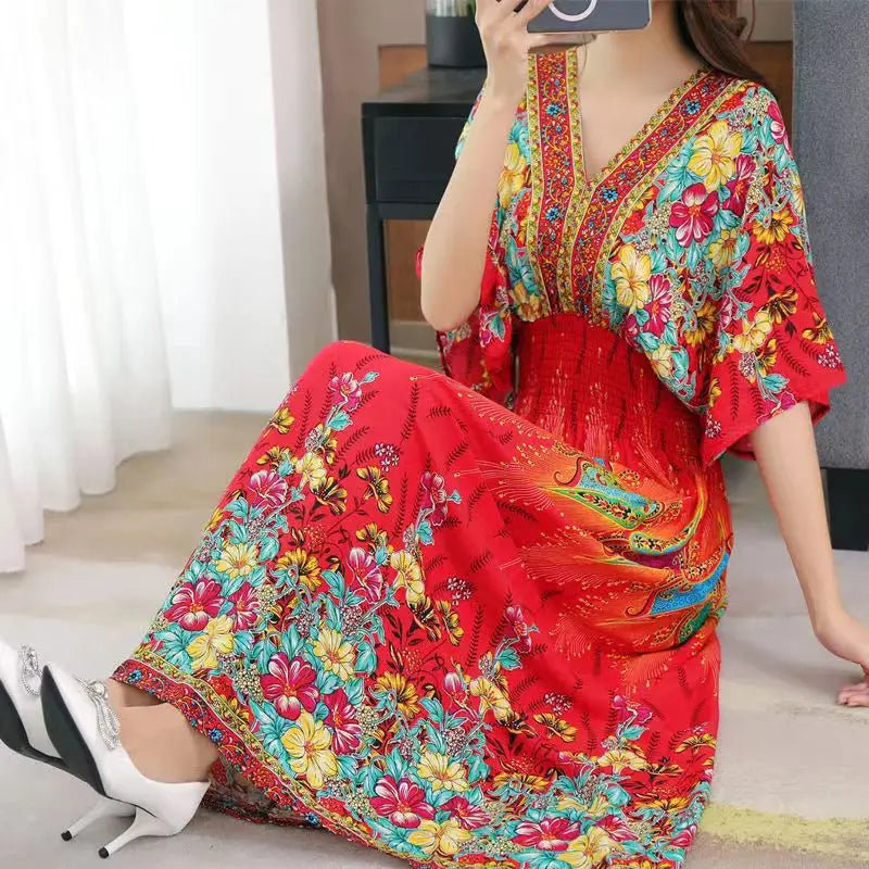2025 Summer New Casual Elegant Retro Bohemian Style V-neck Elastic Waist Large Swing Printed Long Skirt Autumn Summer Dress