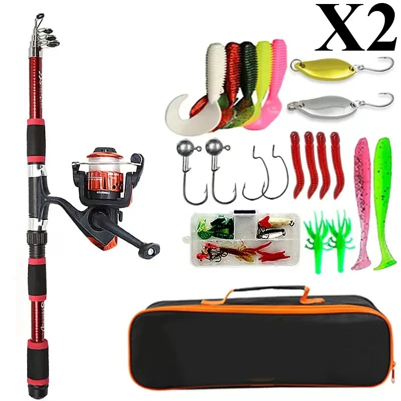 BRAVMACK Travel Telescopic Fishing Rod Full Kit Spinning Reel Baits Hooks Portable Outdoor Angling Pole Set