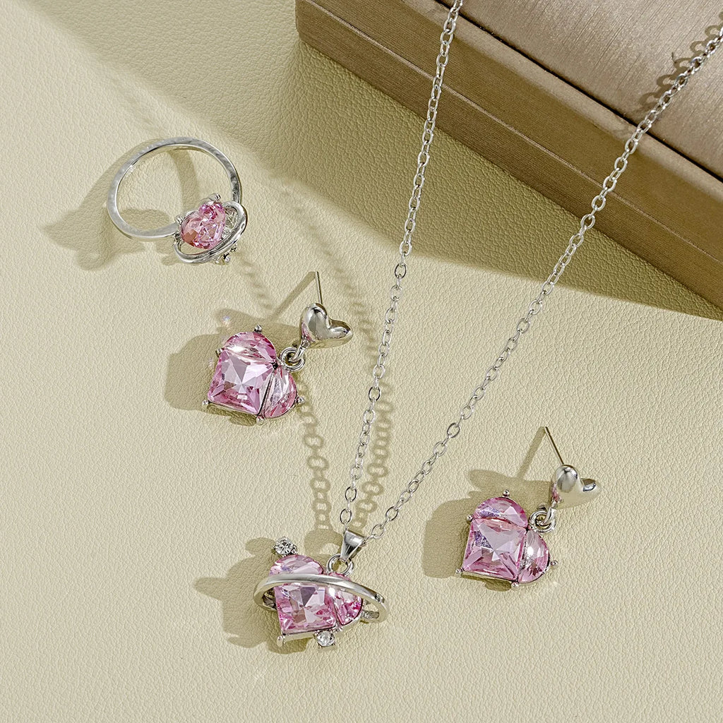4 Pieces Love Pink Crystals Sweet Earrings Necklaces And Rings Jewelry Set Lightweight And Versatile For Women Mother's Day Gift