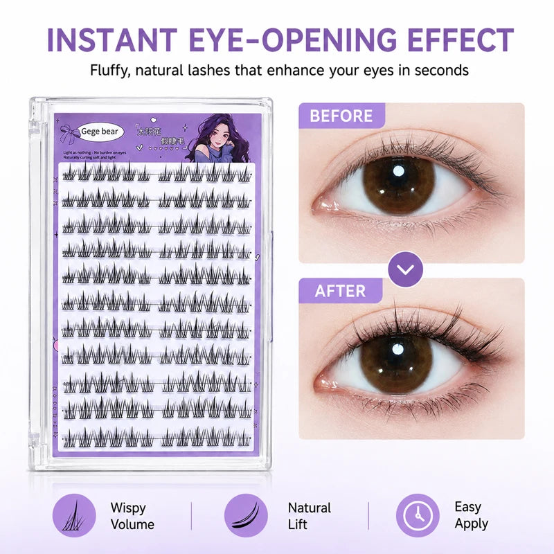 Gege Bear No Glue False Eyelashes Self Adhesive Lash Clusters Wispy Sunflower Style Natural Doll Eye Easy Apply Makeup