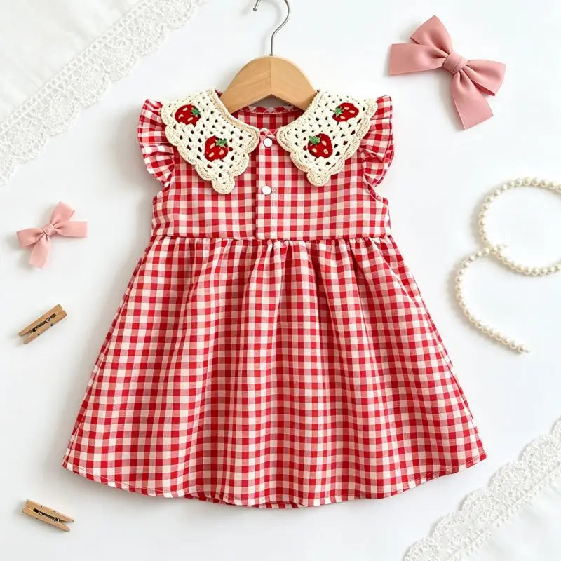Baby Girl Dress Summer Red Checkered Cotton Girl Dress Cute Strawberry Lapel Girl Beach Dress