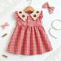 Baby Girl Dress Summer Red Checkered Cotton Girl Dress Cute Strawberry Lapel Girl Beach Dress
