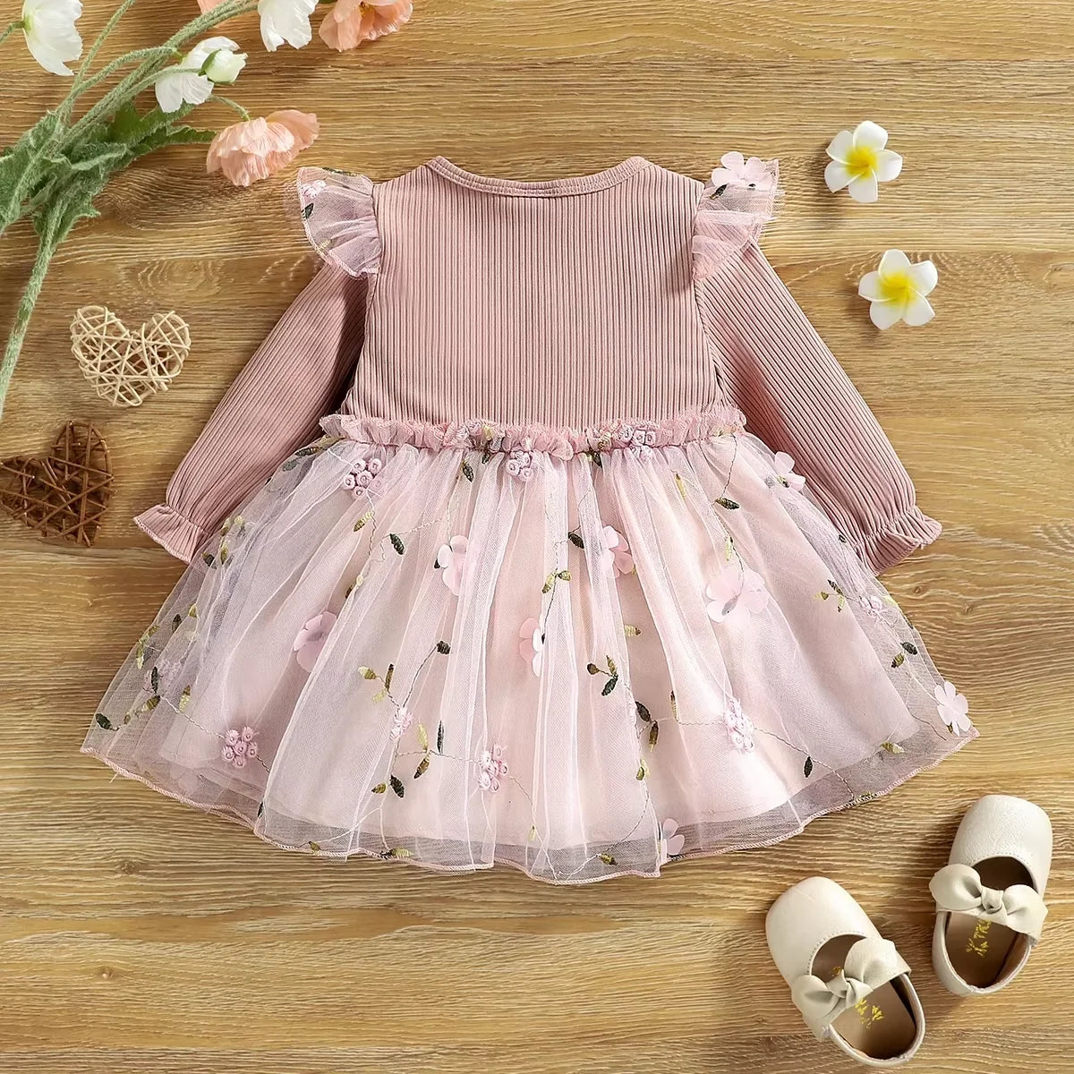 Baby Girl Dresses Spring And Autumn Bow And Flower Pattern Solid Color Fluffy Gauze Baby Dresses Cute Casual Baby Clothes Girl