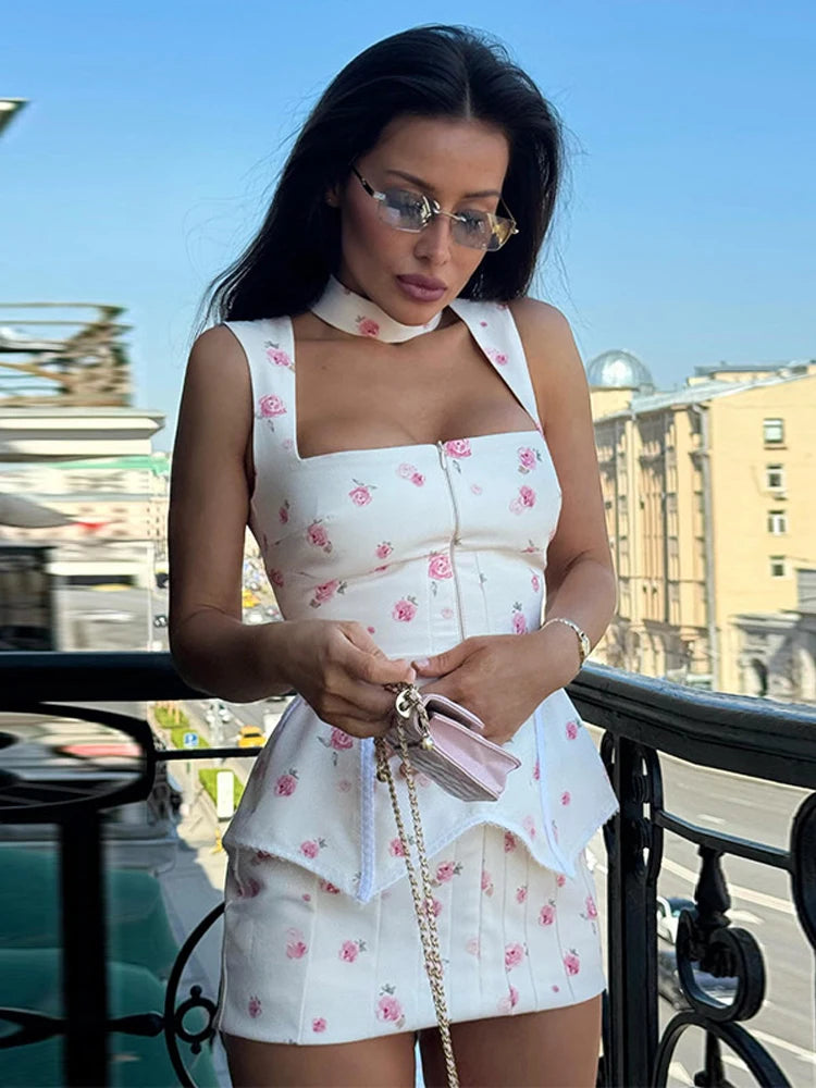 Elegant Print Waistband Short Dress For Women Square Collar Sleeveless Zip Up Waist-closed Dresses 2026 Summer Lady Party Robes