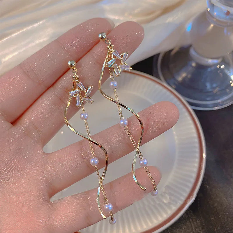 Light Luxury Zircon Star Pearl Wave Long Tassel Earrings Women Temperament Fashion Jewelry Dainty Gifts