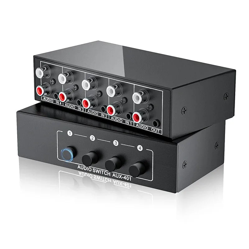 Stereo Audio Switch Selector 4-IN-1 Bi-direction Stereo RCA AUX Audio Switch A/B Splitter 3.5mm Aux L/R RCA 4X1 Audio Switch Box