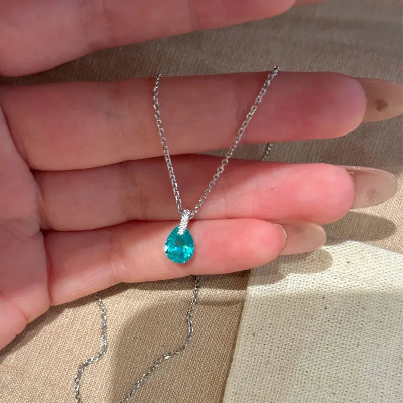 S925 Silver Blue Geometric Water Drop Necklace Women CZ Pendant Elegant Hypoallergenic for Important Occasions Gift for Friends