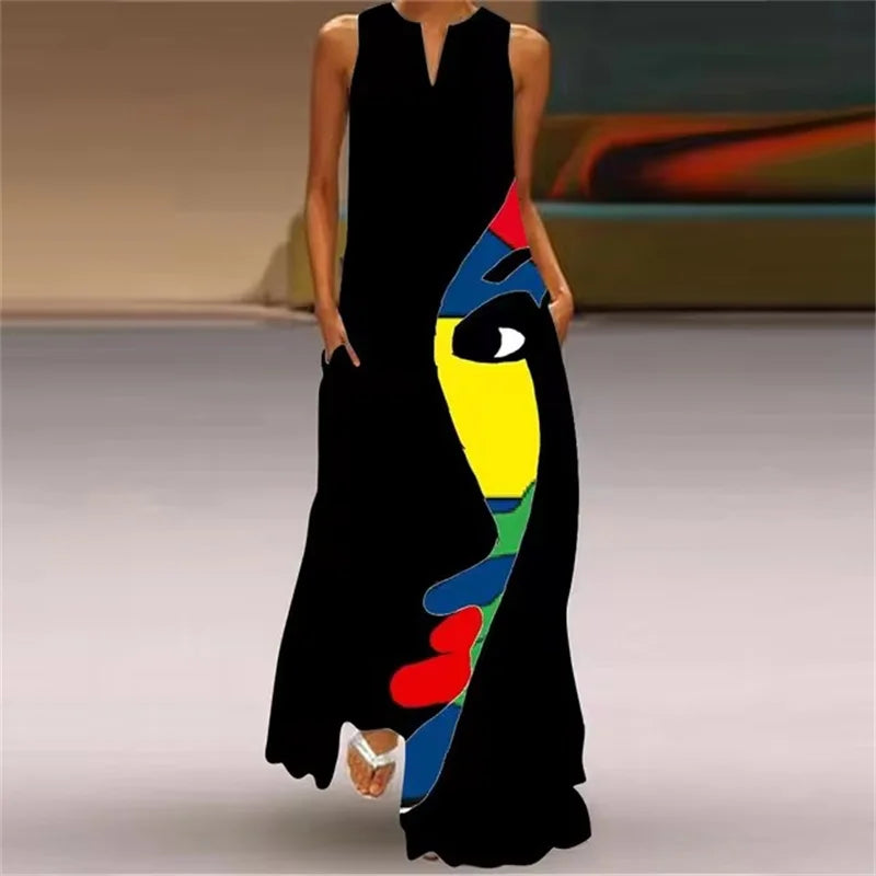 Summer Outdoor Street Fashion Women's Long Dress New Abstract Art Print Dress Sleeveless Vest V-Neck Fashion Women's Party Dress