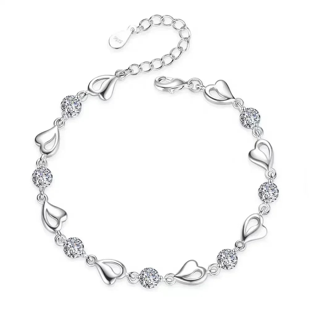 925 Sterling Silver Heart Shaped Necklace Bracelet Set for Women Vintage Korean Blue Crystal Bracelets Jewelry Set Party Jewelry