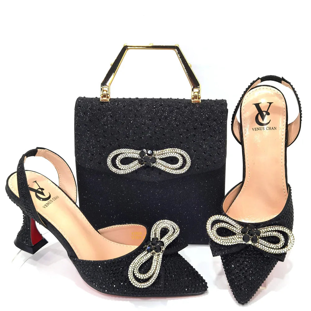 2022 Latest Italian Design African Women's High Heel Pointed Toe Sandals Party Wedding Party Fuchsia Color Shoes and Bags Set