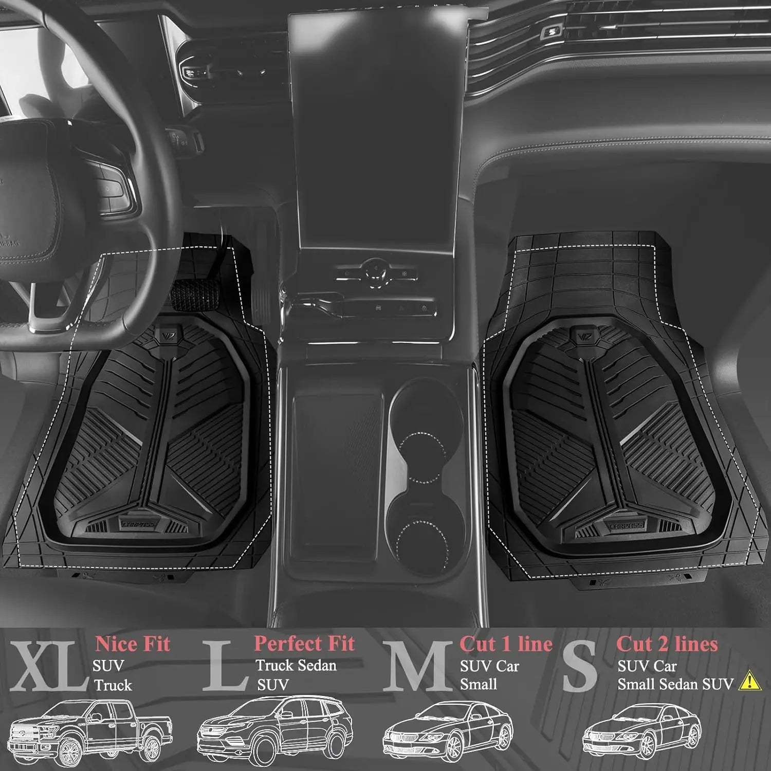 Heavy Duty Rubber Car Mats 2-Piece Front, Deep-Dish All Weather, Universal Fit, Anti-Slip, Black