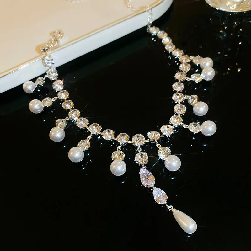 Luxury Rhinestone Crystal Chokers Necklaces For Women Multilayer Imitation Pearl Chain Necklace For Party Wedding Jewelry K-