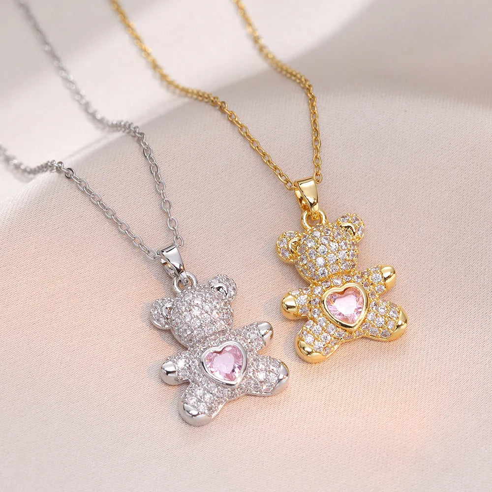 High end Cute Teddy Bear Pendant for Women, Delicate and Shiny Animal Necklace, Korean Popular Jewelry Gift for Girlfriends