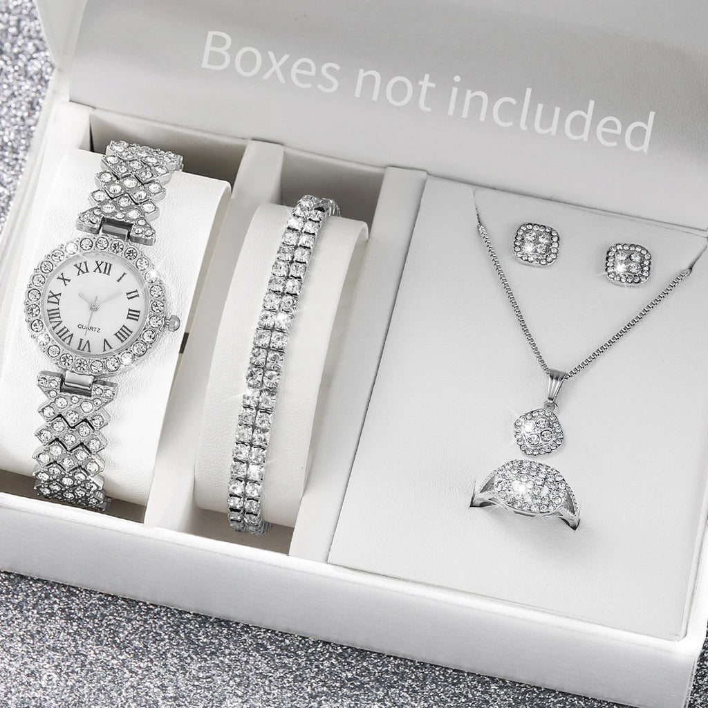 6PCS/Set Luxury Women Watches Fashion Rhinestone Roma Dial Bracelet Band Quartz Watch Jewelry Set Reloj Mujer（Without Box）