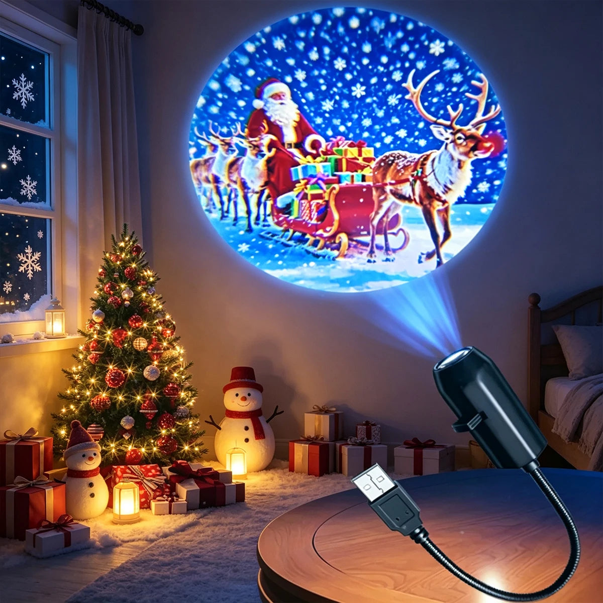 USB Powered Christmas Projector Lights with Santa Claus/Gingerbread Man/elk Patterns Spotlight Indoor Party Navidad Xmas Decor